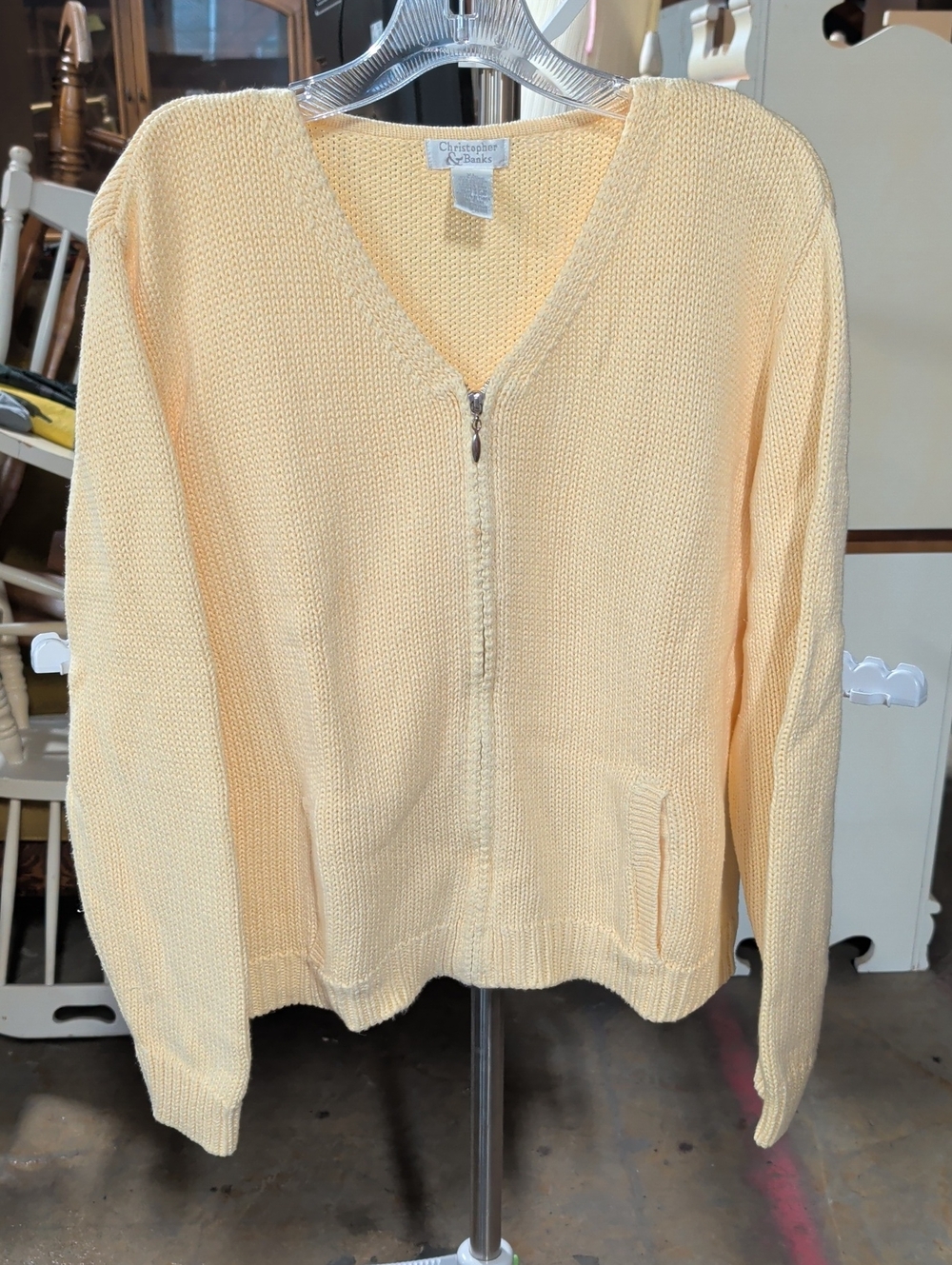 Vintage Christopher & Banks Pastel Yellow Zip-Up Knit Cardigan Sweater XL